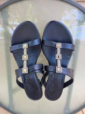 Brighton Nassau Sapphire Leather T-Strap Sandals with Silver-Tone Embellishments